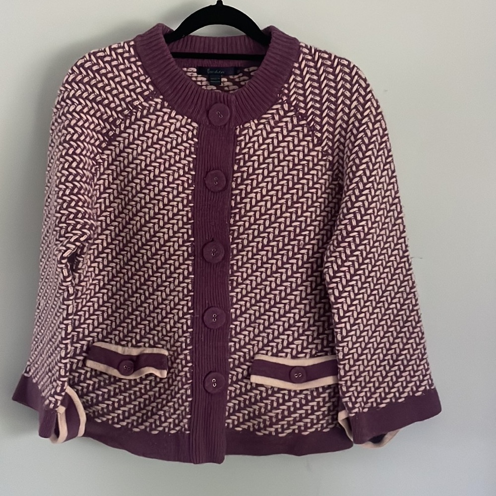 Boden Two-Tone Plum and Cream Knit Cardigan